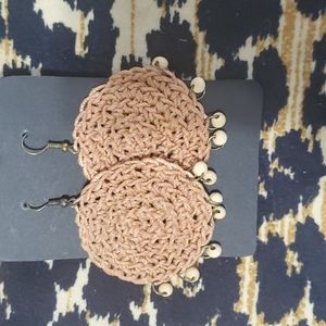 THANDMADE EARRINGS HANDCRAFTED BROWN KNITTED WITH DANGLE WOOD BEADS
